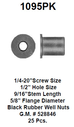 Black rubber well nut 1/4-20. 1/2hole size - 1095PK