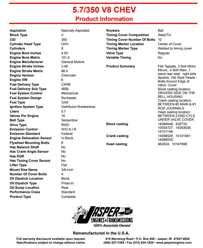 Engine Long block 350cid -86 Carb. (inkl. CORE) - 126510