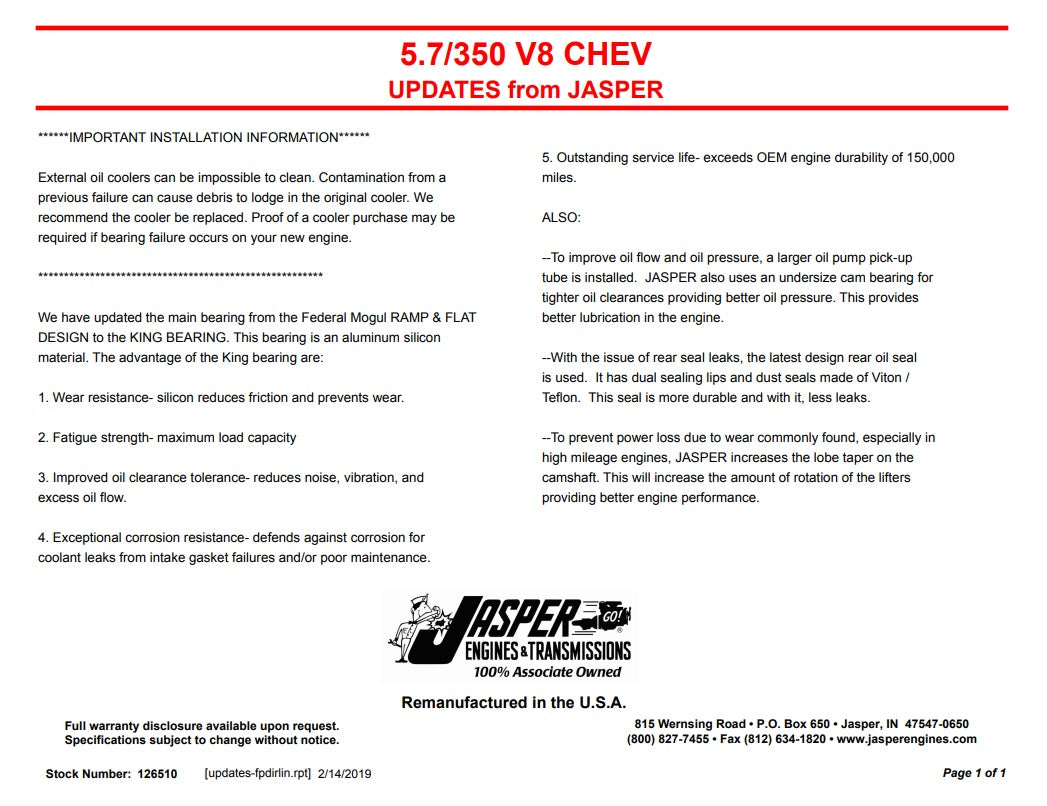 Engine Long block 350cid -86 Carb. (inkl. CORE) - 126510