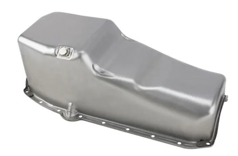 Oil pan 55-79 Chevy SB LH dipstick Raw steele  - 9109005